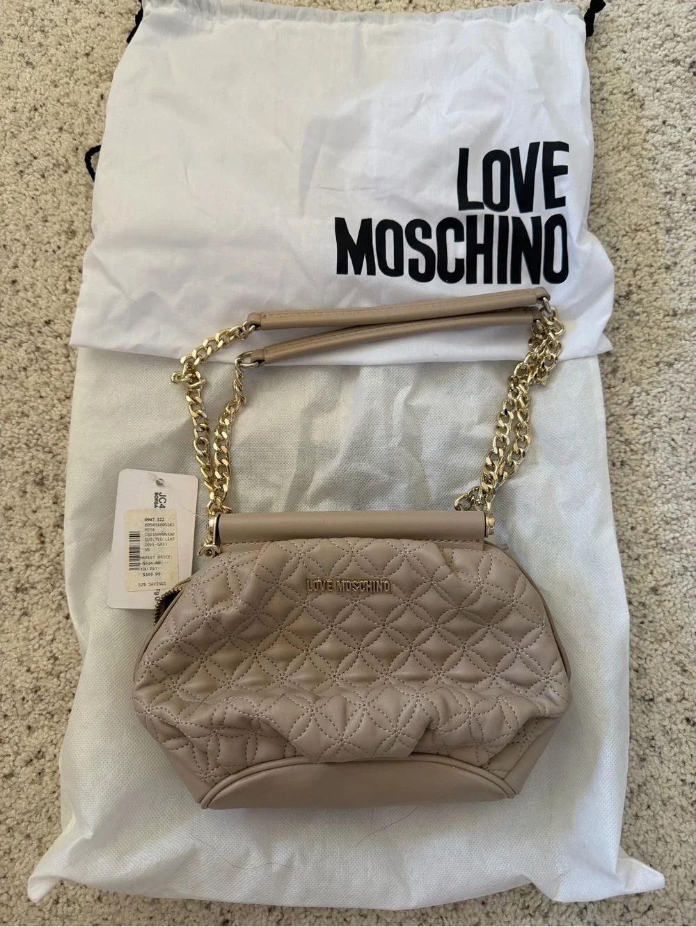 Love Moschino Taupe Quilted Chain-Handle Shoulder Bag with Gold Hardware